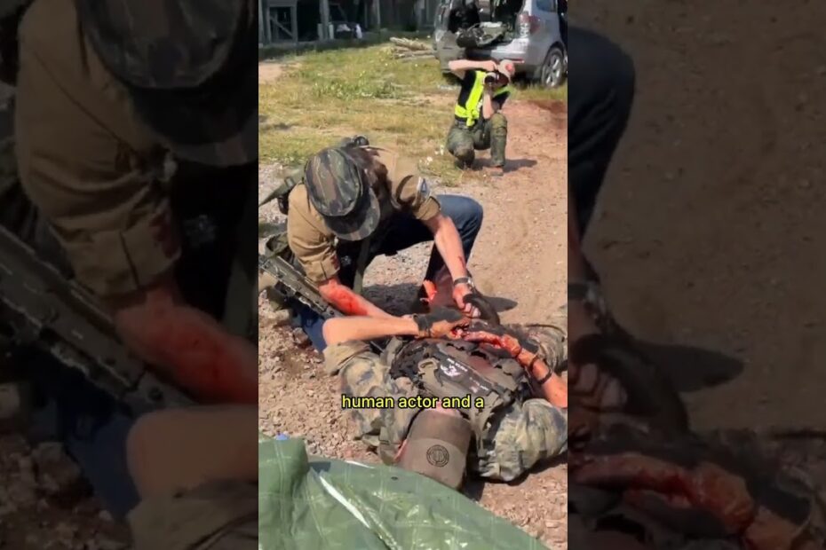 Treating a fake arterial bleed on a human actor mid match